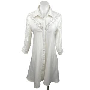 Glamorous White Button Down Lace Crochet Trim 3/4 Sleeve Midi Shirt Dress Sz 12